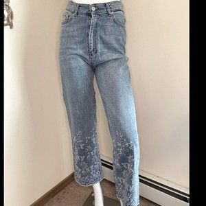 Zara Woman Premium Denim Light Wash Lace Embroidery High Rise Mom Jeans Size 6
